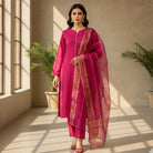 3 Pieces Unstitched Katan Silk Plain Shirt & Trouser With Organza Lining Dupatta For Womens & Girls