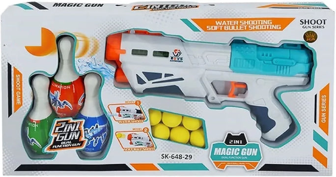 2-in-1 Bowling & Water Shooting Gun – Magic Blaster Toy Gun with Soft Foam Balls, Bullets, Bowling Pins & Water Spray for Kids
