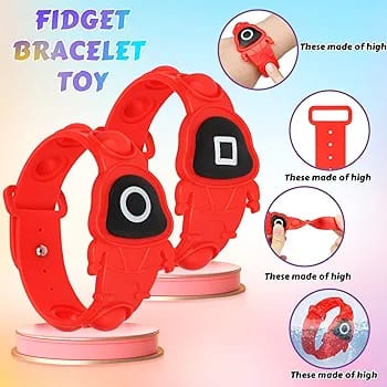 Squid Game Pop Fidget Bracelet Adjustable Band (Circle) New for any Squid Game fan this bracelet is 8 1/2” long x 3/4” wide adjustable band weaPop Bracelet Fidget Toy Wearable Fidget Bracelets Push Poping Bubble Sensory Stress Relief Toys for Kids Adults