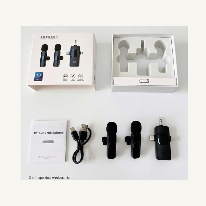 K15 3 in 1 Wireless Lavalier Microphone UHF Noise Reduction Clip On Mini Mic