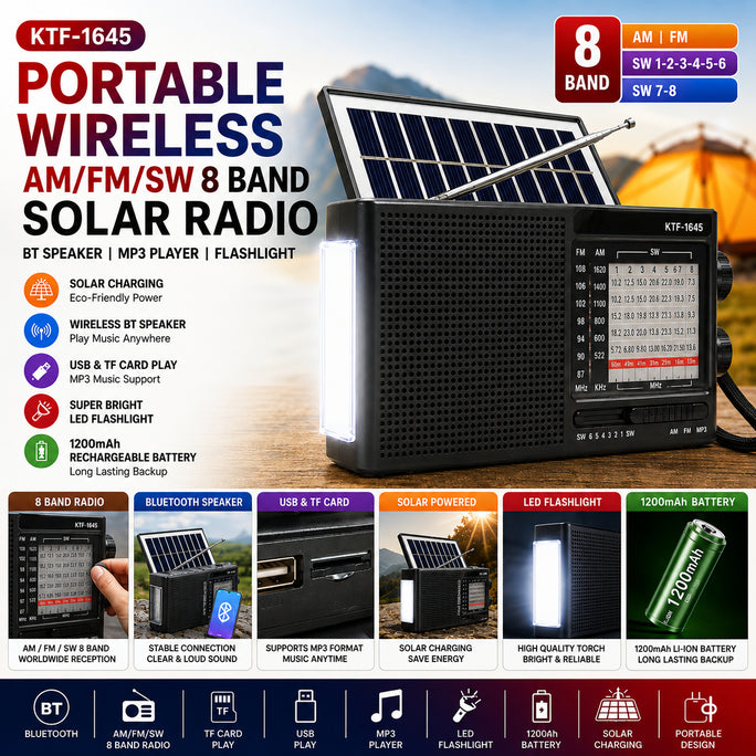 KTF-1645 Portable Bluetooth Radio Speaker | Solar Energy Powered Rechargeable