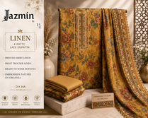 Golden Garden – Premium Linen 4-Patti Lace Dupatta 3-Piece Unstitched Suit