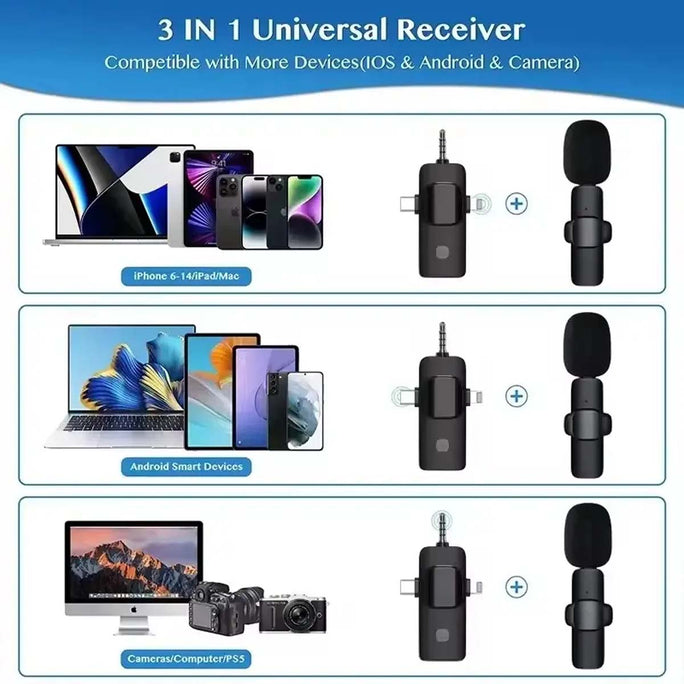K15 3 in 1 Wireless Lavalier Microphone UHF Noise Reduction Clip On Mini Mic