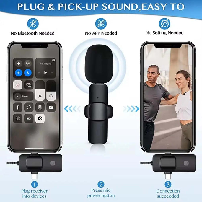 K15 3 in 1 Wireless Lavalier Microphone UHF Noise Reduction Clip On Mini Mic