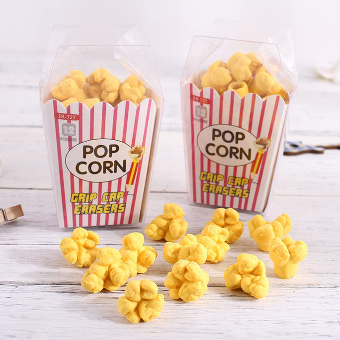 Cute Popcorn Shape Grip Cap Pencil Erasers Pack of 12
