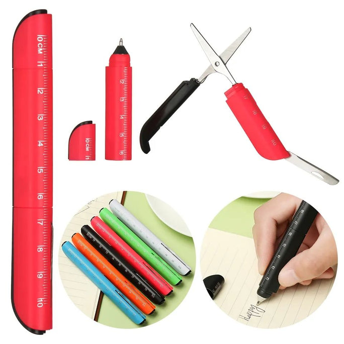 01 Pc Creative Multifunction Ballpoint Pen with Folding Scissors Knife Scale Ruler Candy Color Office School Stationery Writing Pens