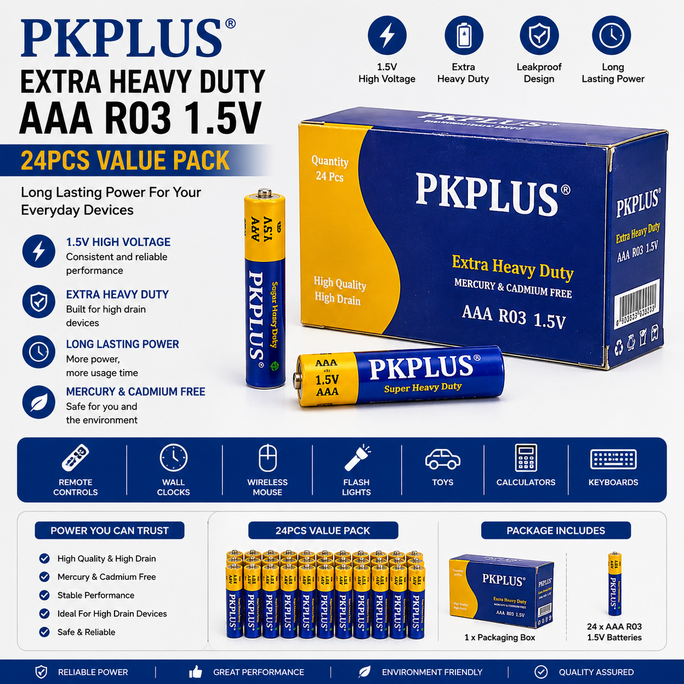 PKCELL AA R6P & AAA R03 Heavy Duty 1.5V Carbon Zinc Primary Batteries 24PCS