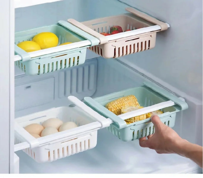 1 PC Adjustable Fridge Storage Basket Expandable Fridge Storage Rack Plastic Fridge Space Saver Food Organizer Tray Refrigerator Pull out Drawers