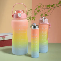 03 Pcs Set Motivational Water Bottle with Straw 3 Pcs, 64oz 32oz 16oz Time Marker Large Drinking Bottles Leakproof Half Gallon 2L Water Jugs for Sports Gym Travel BPA Free - Gradient Pi