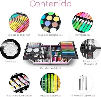 StationeryWorld 145-Piece Art Set with Colours, Paints, Crayons in Pink Briefcase Organiser