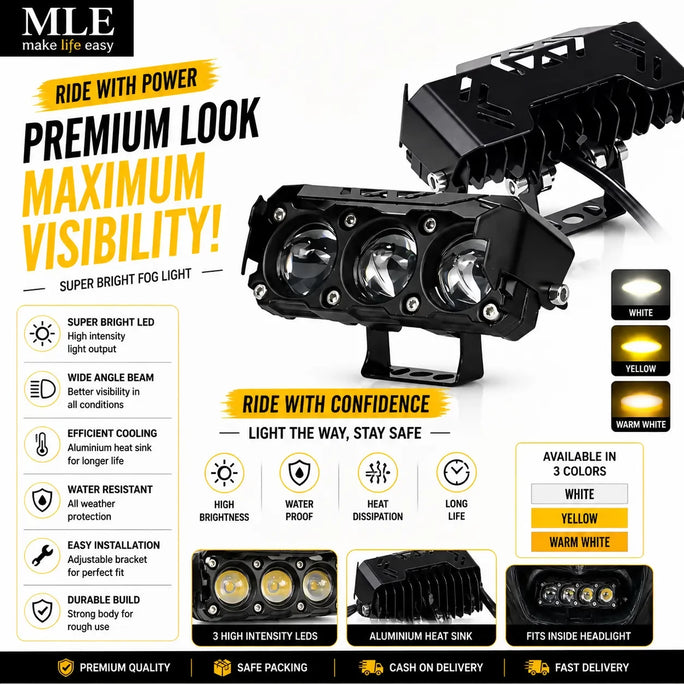 Fog Light 3-Lens LED with Hood Light - Ultra Bright Dual Color Yellow/White, Flash\Non Flash Mode, Easy Fit for Bumper, Waterproof Aluminum Body, Universal 12-80V Light for Bike, Car, Truck - Super Bright and Durable Design Bike Light