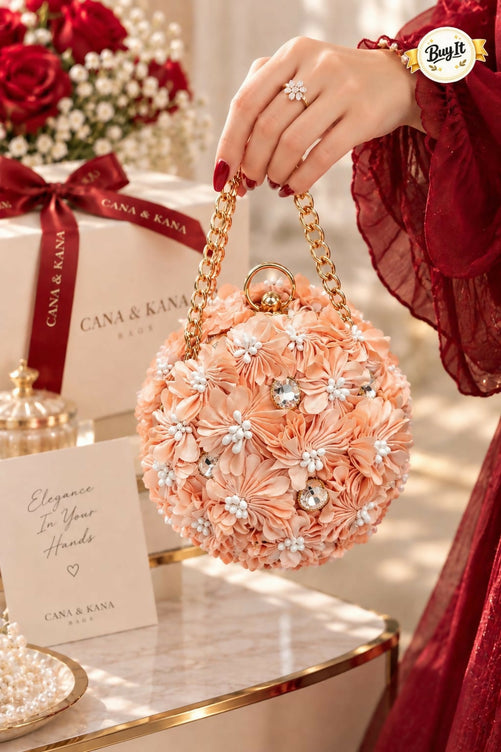 Trendy Floral Potli Style Round Evening Bag for Women - Elegant Wedding & Party Wear Embellished Handbag