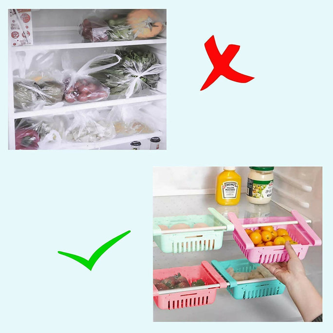 1 PC Adjustable Fridge Storage Basket Expandable Fridge Storage Rack Plastic Fridge Space Saver Food Organizer Tray Refrigerator Pull out Drawers