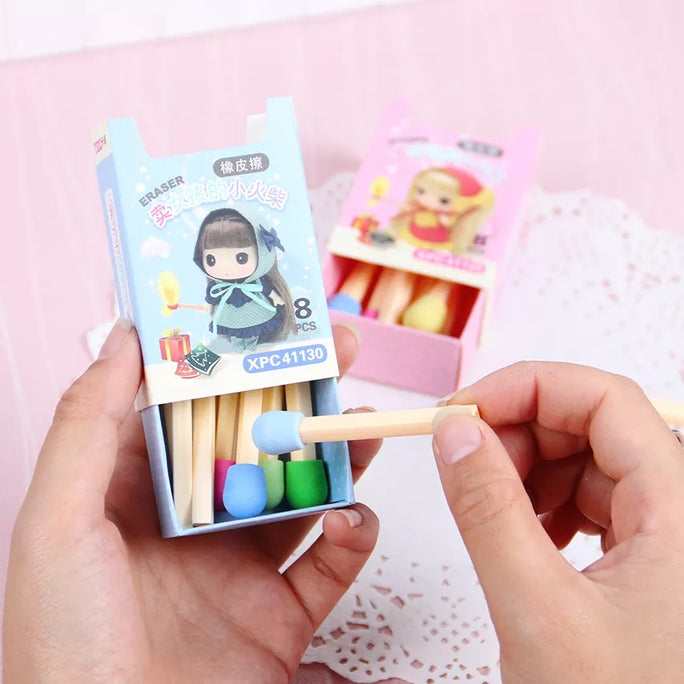 8Pcs/set Creative Kawaii Match Eraser Rubber Cartoon Colored Pencil Eraser Pianting Prizes for Kids Stationery School Supplies