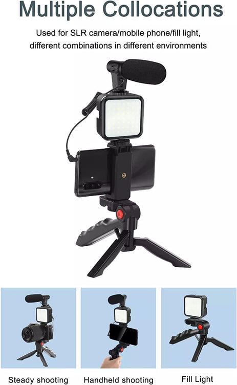 AY-49 Video Making Vlogging Kit Tripod With Microphone And LED Light For Live