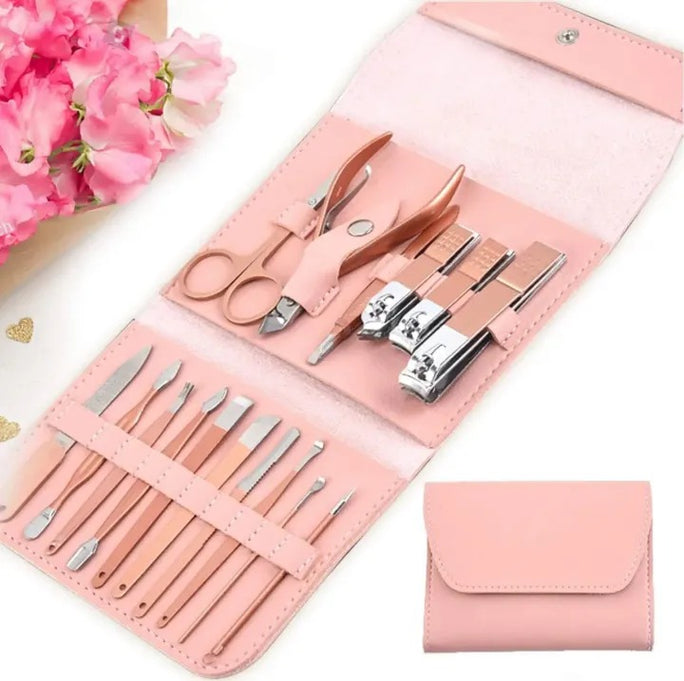 Set Of 16 Nail Clipper, Stainless Steel Manicure Kit With Folding Bag, Professional Pedicure Beauty Tools Set