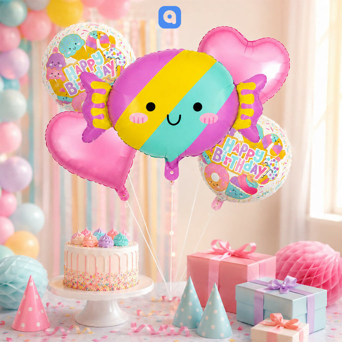 5 Pcs Candy Theme Foil Balloon Set – Kids Birthday Party Decoration