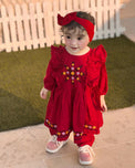 Kids Fitt Girls Red Hand Embroidered Khaddar 3 Piece Frock Set – Trousers & Bow Headband
