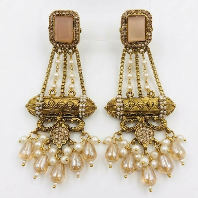 Elegant Turkish Manjus Long Drop Earrings for Women - Traditional Antique Style Filigree Hanging Earrings with Pearl Accents