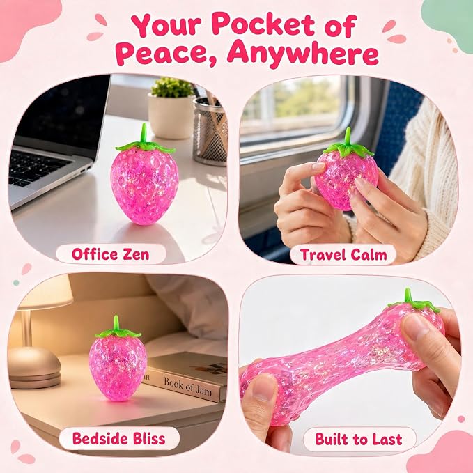 Squishy Strawberry Glow Stress Relief Balls, Glitter Cute Sensory Figurines