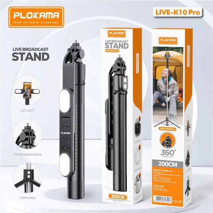 Live K10 PRO 6.5 Feet / 200CM Tripod Stand Selfie Stick Two Lights Chargeable