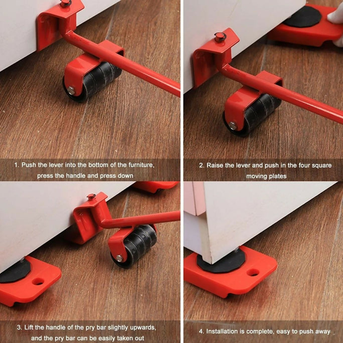 Furniture Lifter Easy To Move Slider 5 Piece Mobile Tool Set, Heavy Furniture Appliance Moving And Lifting System - Maximum Load Weight 4 Wheeled Mover Roller 1 Wheel Bar Hand Tools Set