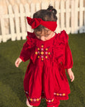 Kids Fitt Girls Red Hand Embroidered Khaddar 3 Piece Frock Set – Trousers & Bow Headband