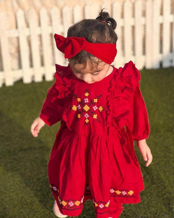 Kids Fitt Girls Red Hand Embroidered Khaddar 3 Piece Frock Set – Trousers & Bow Headband