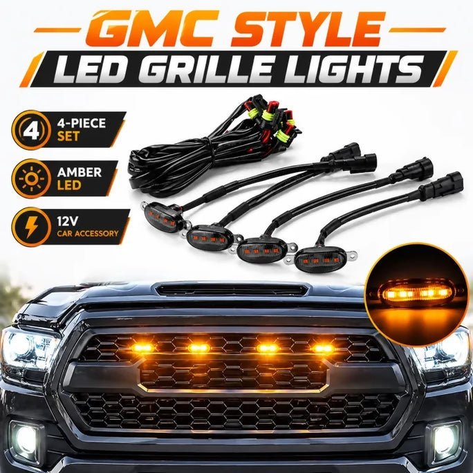 GMC Style LED Grille Lights 4 Piece Set – Amber Front Grill Marker Lights for Car & Pickup