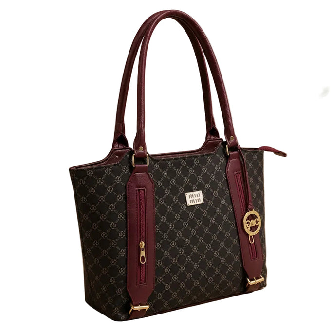 Elegant Monogram Pattern Shoulder Tote Bag for Women - Spacious Printed Handbag with Front Pocket