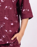 Sajiero Linen Oversized PJ Set - Floral Breeze - Maroon