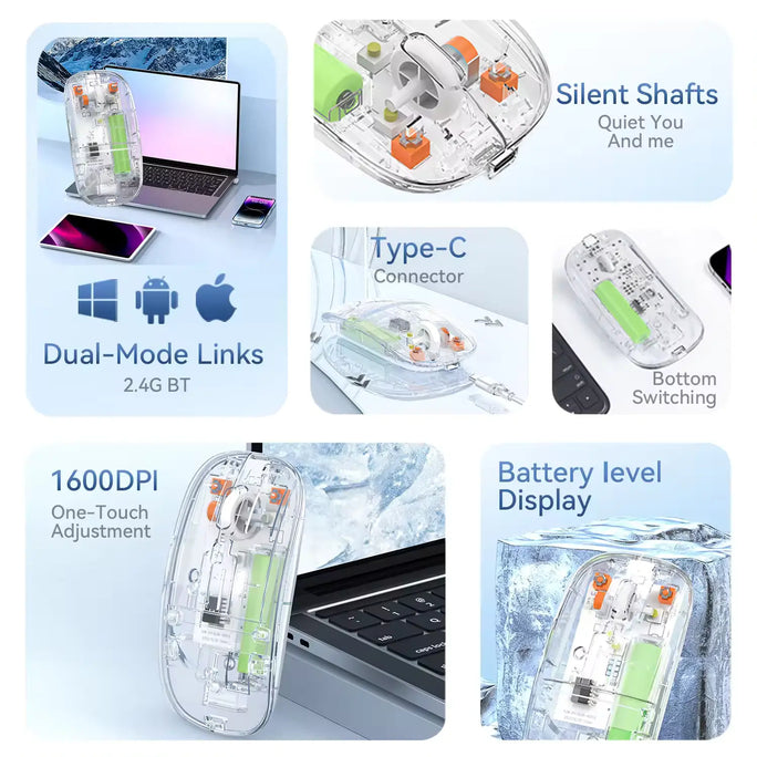 2in1 Modes Wireless Bluetooth Transparent Mouse 2.4G USB 1200DPI Adjustable