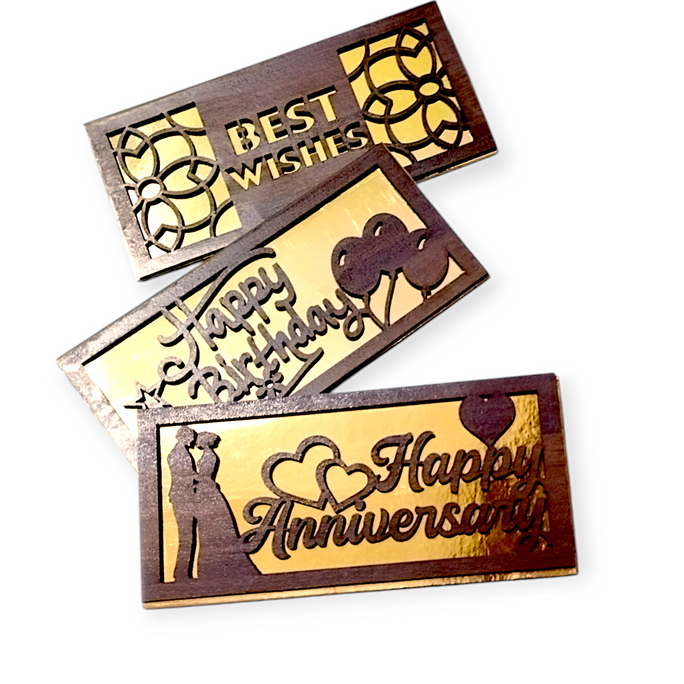 01 Golden color Wooden frame Greeting card Envelopes, to congratulate your loved ones, stylish design of wooden frame of on finest golden color chemical coated cardboard envelope, double taped.