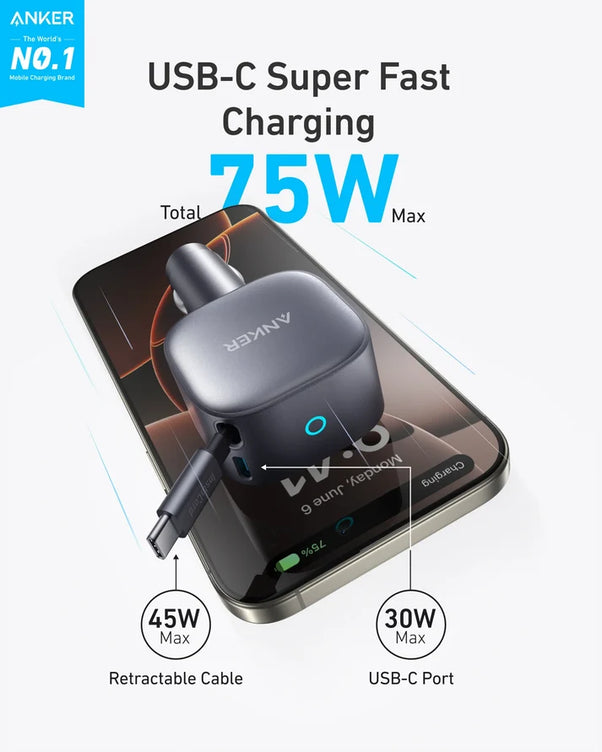 Anker Nano 75W USB-C Car Charger with Built-in Retractable USB-C Cable