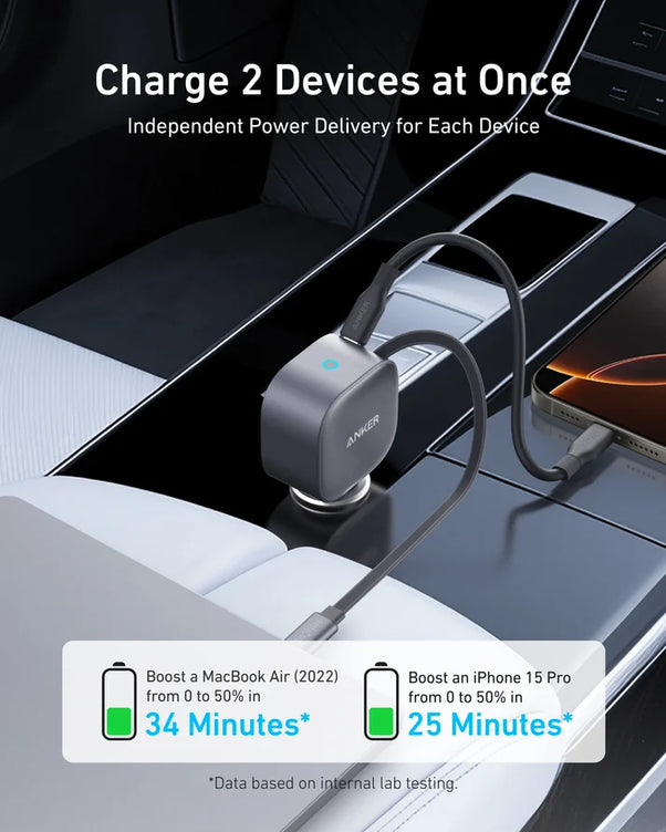 Anker Nano 75W USB-C Car Charger with Built-in Retractable USB-C Cable