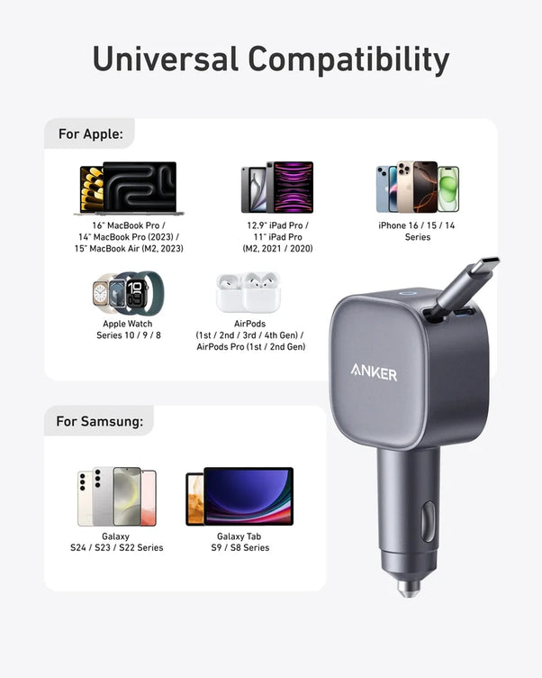 Anker Nano 75W USB-C Car Charger with Built-in Retractable USB-C Cable