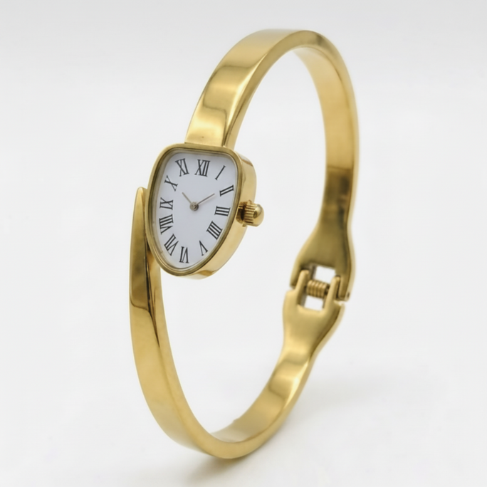 Gold Plated Bangle Bracelet with Teardrop Watch Dial for Women - Elegant Fashion Wristwatch & Jewellery