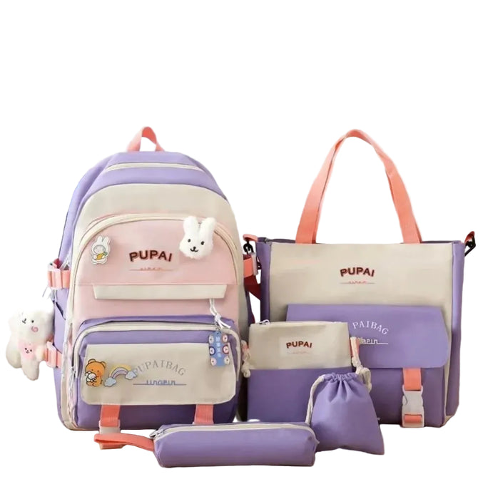 JUXINGYUAN Pink 5-Piece Girls School Backpack Set