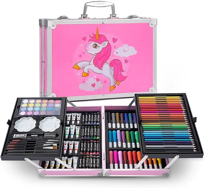 StationeryWorld 145-Piece Art Set with Colours, Paints, Crayons in Pink Briefcase Organiser