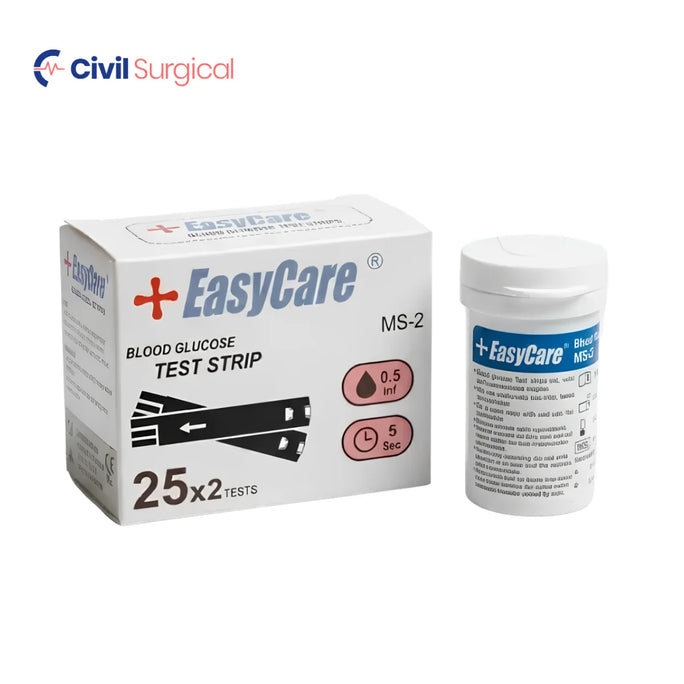 EasyCare Blood Glucose Test Strips | Pack of 25 & 50 (25x2 Twin Vials) | Compatible with EasyCare Glucometer | No Coding Required High-Accuracy Sugar Testing Strips