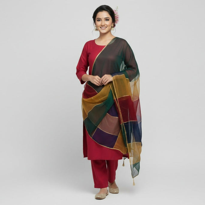 3 Pieces Unstitched Katan Silk Plain Shirt & Trouser With Organza Lining Dupatta For Womens & Girls