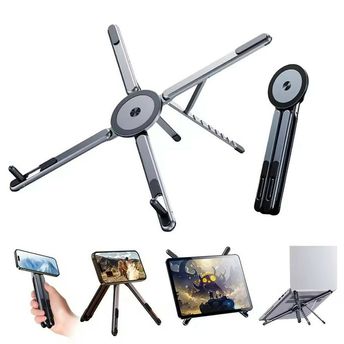 SX-L01 4-in-1 Magnetic Foldable Laptop Stand & Mobile Phone Holder | Aluminum Alloy Adjustable Phone Tablet Laptop Holder | Portable Ergonomic Desk Stand & Setup for Travel & Remote Work