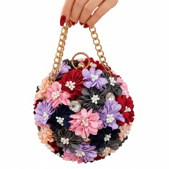 Trendy Floral Potli Style Round Evening Bag for Women - Elegant Wedding & Party Wear Embellished Handbag