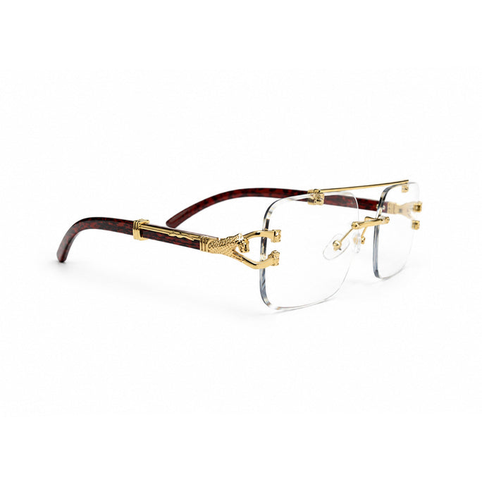 Rave Luxury Rimless Square Eyeglasses ,Gold Bar with Red Tortoise Temples
