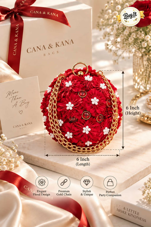 Trendy Floral Potli Style Round Evening Bag for Women - Elegant Wedding & Party Wear Embellished Handbag