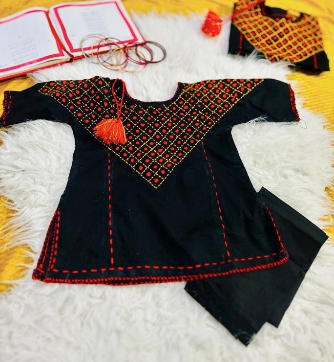 Kids Fitt Girls Black Hand Embroidered Khaddar 2 Piece Suit – Tassel Detail