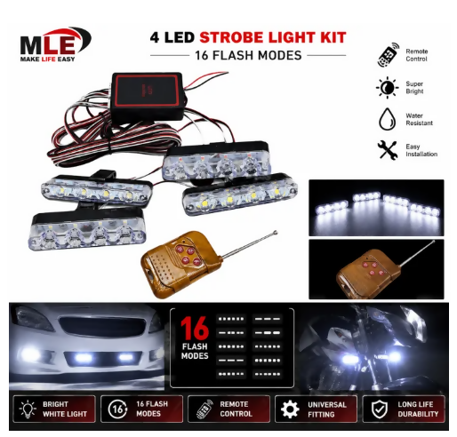 4 LED Strobe Light Kit Remote Control White Light 16 Flash Modes Universal Car Bike Decorative Flash Light