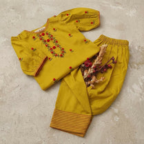 Kids Fitt Girls Mustard Yellow Hand Embroidered Khaddar 2 Piece Suit – Farshi Shalwar