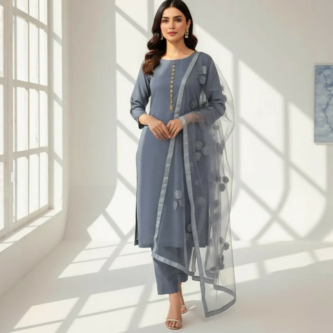 Unstitched 3 Piece Collection Katan Silk Plain Shirt & Trouser With Net Dupatta For Women Dress for women