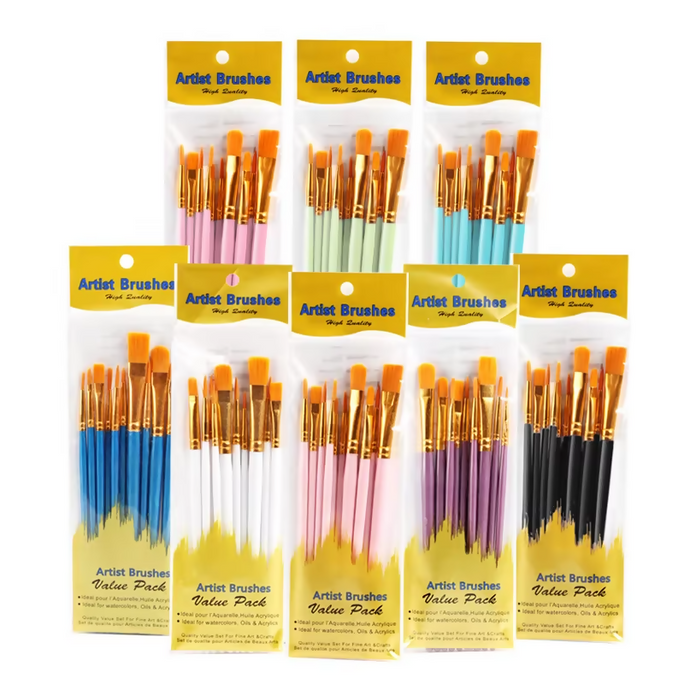 10 x Multi Shapes Artist Paint Brush Set Watercolour Acrylic Nylon Hair Oil & Poster Painting Supply